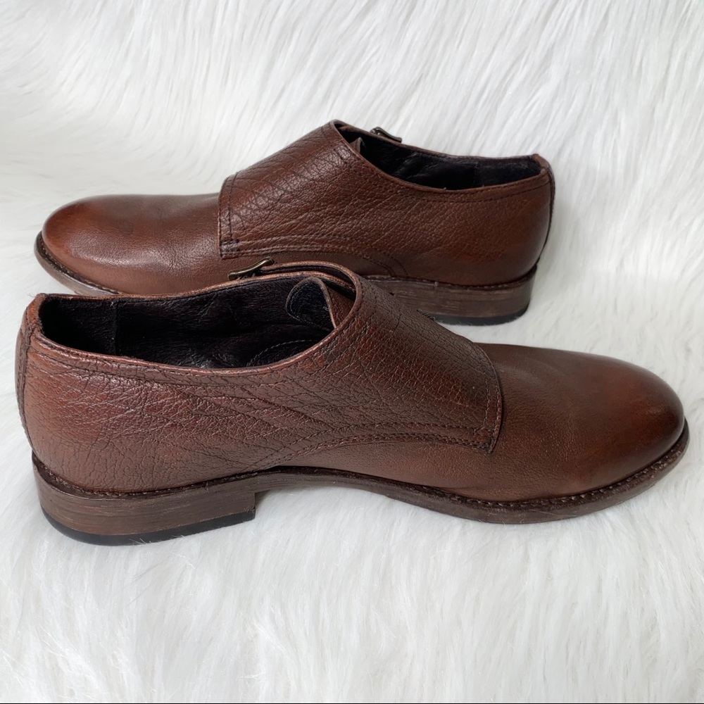 SOLD-Frye Leather Womens Buckled Oxford Flats, Menswear-Inspired Cognac Loafer - Picture 9 of 13
